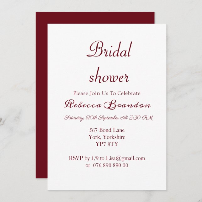 Moderne Script Burgundy Bridal Dusche Einladung (Vorne/Hinten)