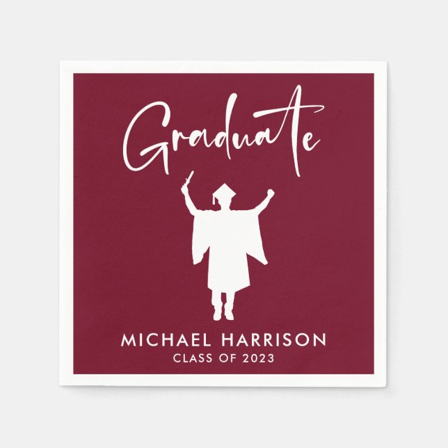 Moderne Script Burgundy Graduation Party Serviette (Vorderseite)