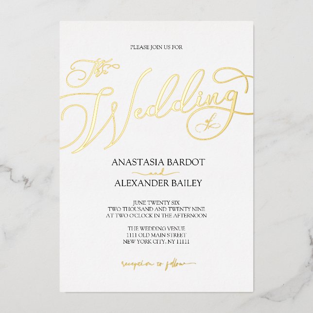 Moderne Script Calligraphy Luxury Wedding Real Gol Folieneinladung (Vorderseite)