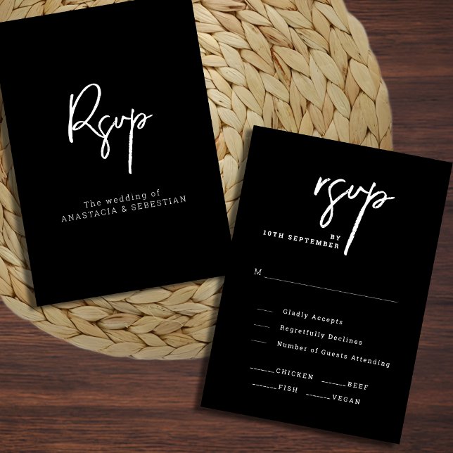 Moderne Script Chic Black and White Wedding RSVP Karte (Modern Script Chic Black and White Wedding RSVP Card)