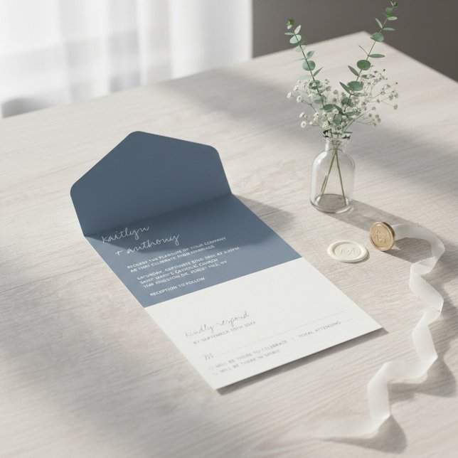 Moderne Script Dusty Blue Minimalistic Wedding All In One Einladung (Von Creator hochgeladen)