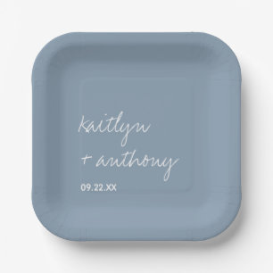 Moderne Script Dusty Blue Minimalistic Wedding Pappteller