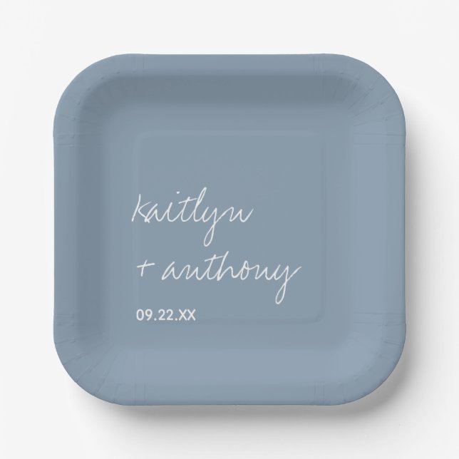 Moderne Script Dusty Blue Minimalistic Wedding Pappteller (Vorderseite)