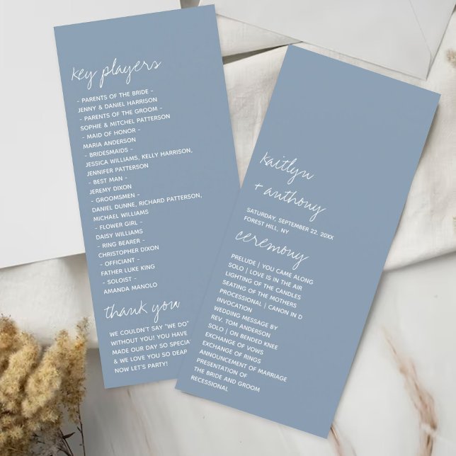 Moderne Script Dusty Blue Minimalistic Wedding Programm (Von Creator hochgeladen)
