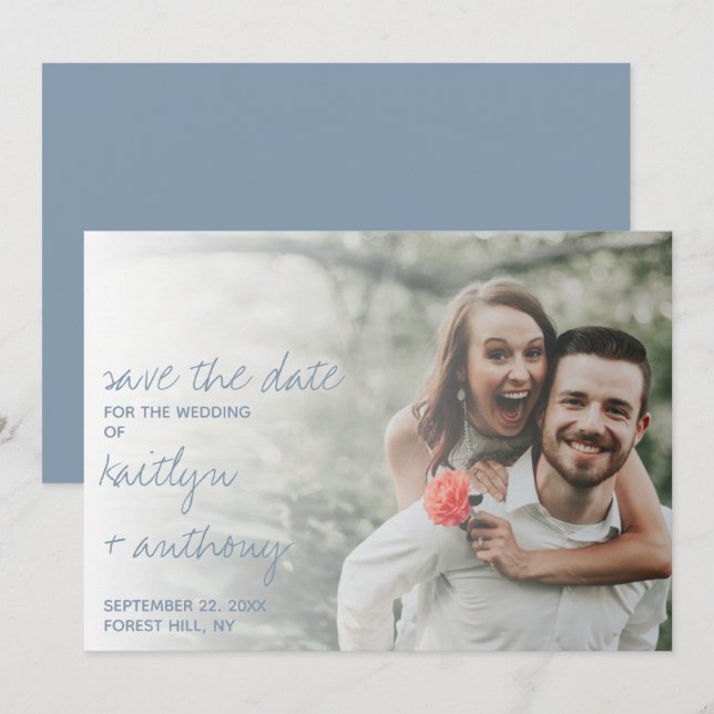 Moderne Script Dusty Blue Minimalistic Wedding Save The Date (Vorne/Hinten)