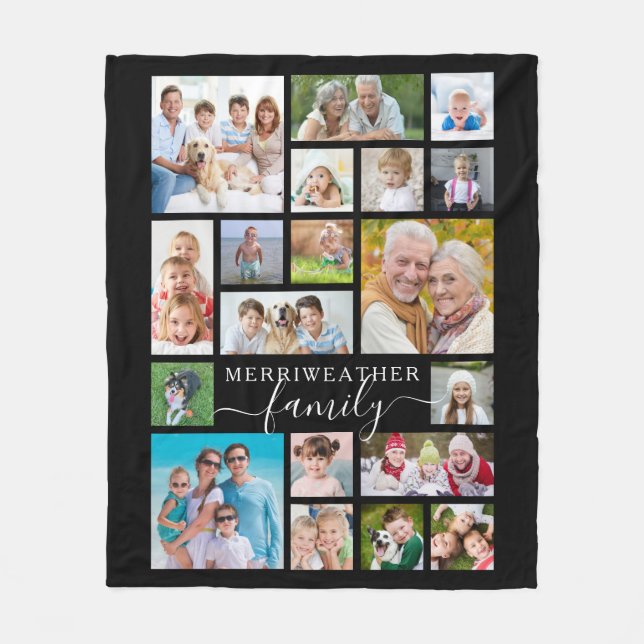 Moderne Script FAMILY 19 Foto Collage Black Fleecedecke (Vorderseite)
