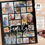 Moderne Script FAMILY 19 FotoCollage Custom Color<br><div class="desc">Erstellen Sie Ihr eigenes, modernes Foto-Erinnerungen-Rätsel, indem Sie dieses leicht hochzuladende Foto-Collage-Template mit 19 Bildern in verschiedenen Formen und Größen und Ihrem Namen oder benutzerdefinierten Titel (mit FAMILY gezeigt) in chic handgeschriebener Schrift-Typografie verwenden. ÄNDERUNGEN: Ändern Sie die schwarze Hintergrundfarbe und/oder den Titel und Text Schriftart Stil, Größe, Farbe oder Platzierung...</div>