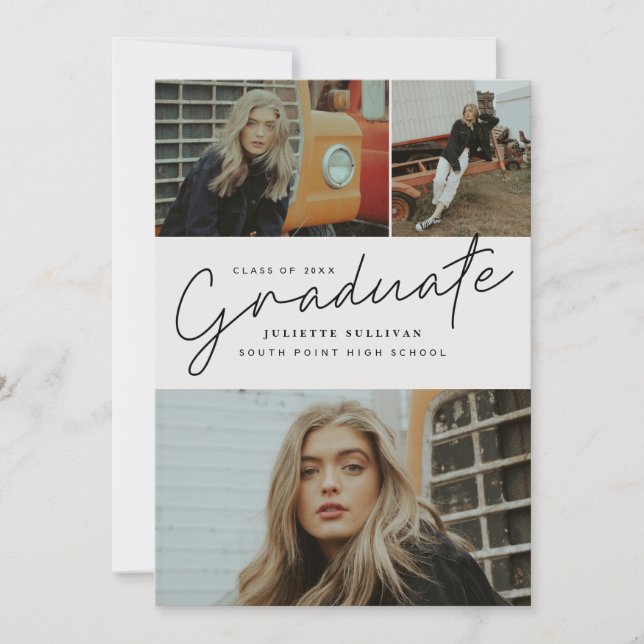 Moderne Script Foto Collage Graduation Party Einladung (Vorderseite)
