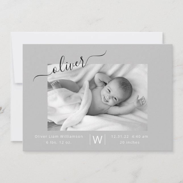 Moderne Script Foto Collage New Baby Birth Ankündigung (Vorderseite)