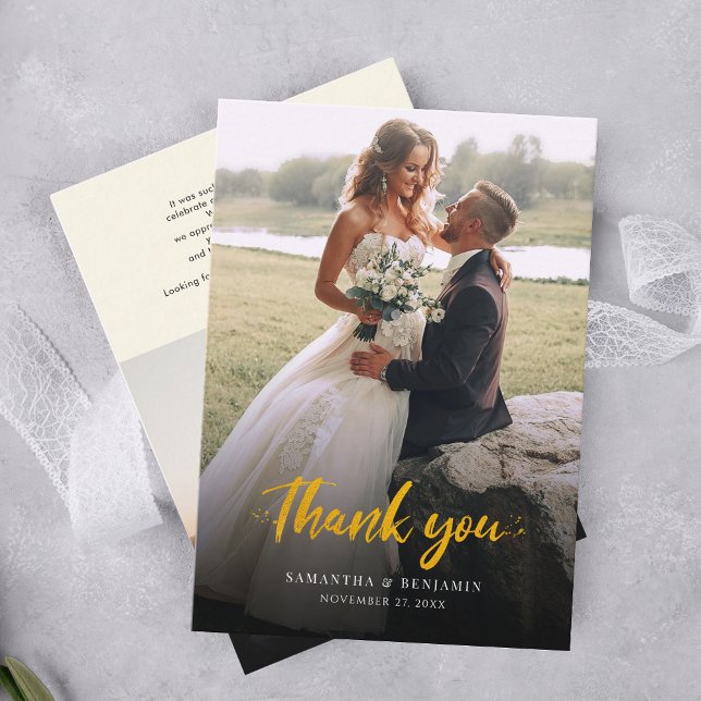Moderne Script Foto Hochzeit Vielen Dank Visitenkarte (Modern Elegant Wedding Photo Thank You Card)