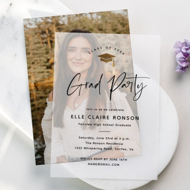 Moderne Script Gold Cap Graduation Party (Modern script grad party vellum invitation with gold cap. Overlay for card photo card or use alone. )