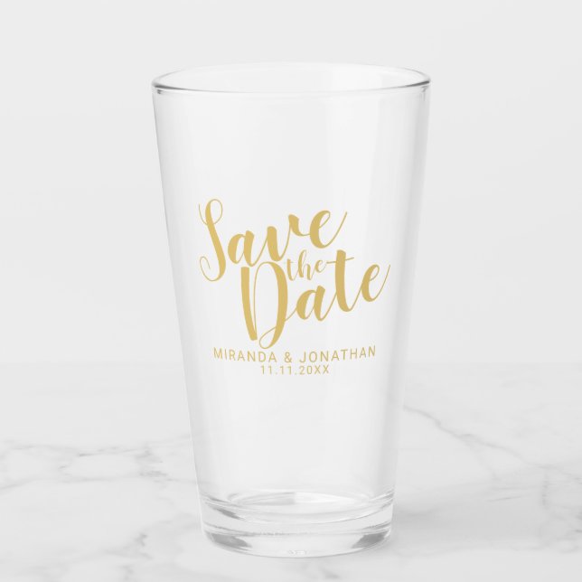 Moderne Script Gold Hochzeit retten das Datum Glas (Vorderseite)