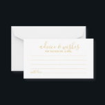 Moderne Script Gold Hochzeitsberatung und Wunschka Hinweiskarte<br><div class="desc">Fügen Sie Ihrer Hochzeit eine persönliche Touch mit einem modernen Hochzeitsratgeber und Wunschausweis hinzu. Diese Ratenkarte enthält den Titel im modernen, goldfarbenen Kalligraphie-Schriftart-Stil und die Details im modernen Sans Serif-Schriftart-Stil auf weißem Hintergrund. Ideal für Hochzeiten, Babydusche, Geburtstagsparty, Brautparty, Junggeselinnen-Abschied und alle besondere Anlässe. Bitte beachten Sie: Die Details der Folie...</div>