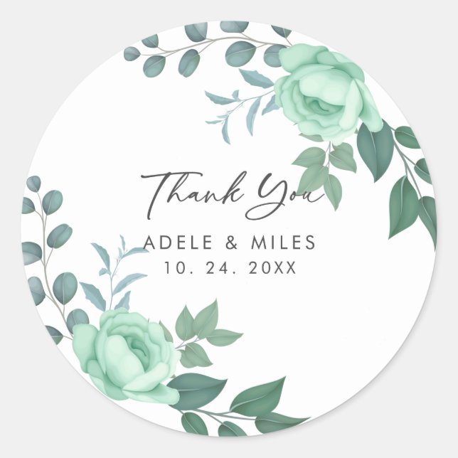 Moderne Script Greenery Blume Hochzeit Vielen Dank Runder Aufkleber (Vorderseite)
