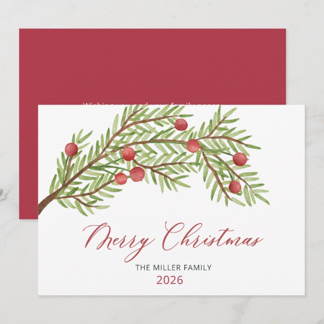 Moderne Script Greenery Red Berries Weihnachten (Vorne/Hinten)