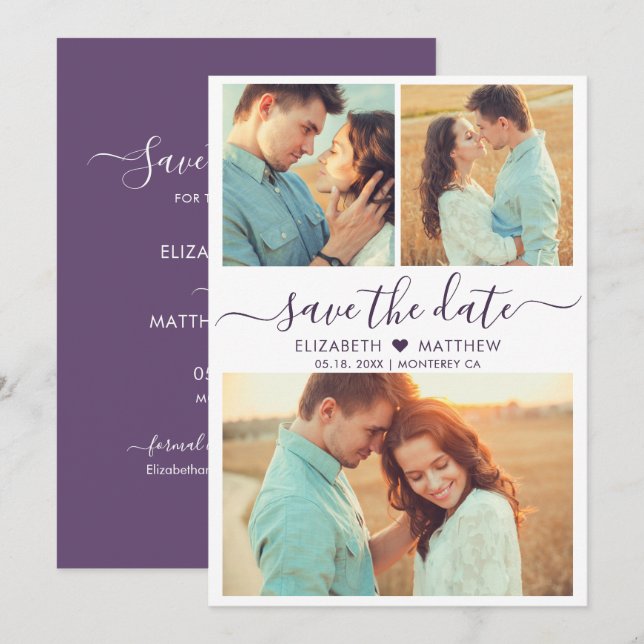 Moderne Script Heart Foto Collage Lila Hochzeit Save The Date (Vorne/Hinten)