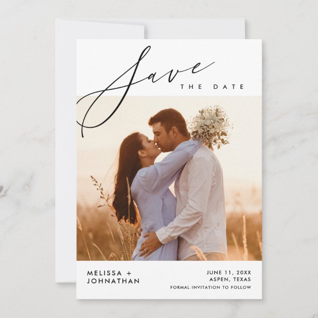 Moderne Script Hochzeit, Abendessen Feier Save The Date (Vorderseite)