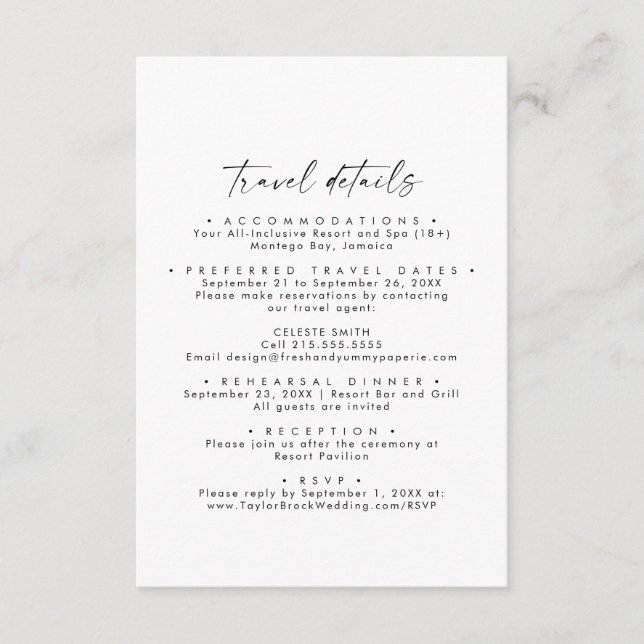 Moderne Script-Hochzeit in Urlaubsort Reisedetails Begleitkarte (Vorderseite)