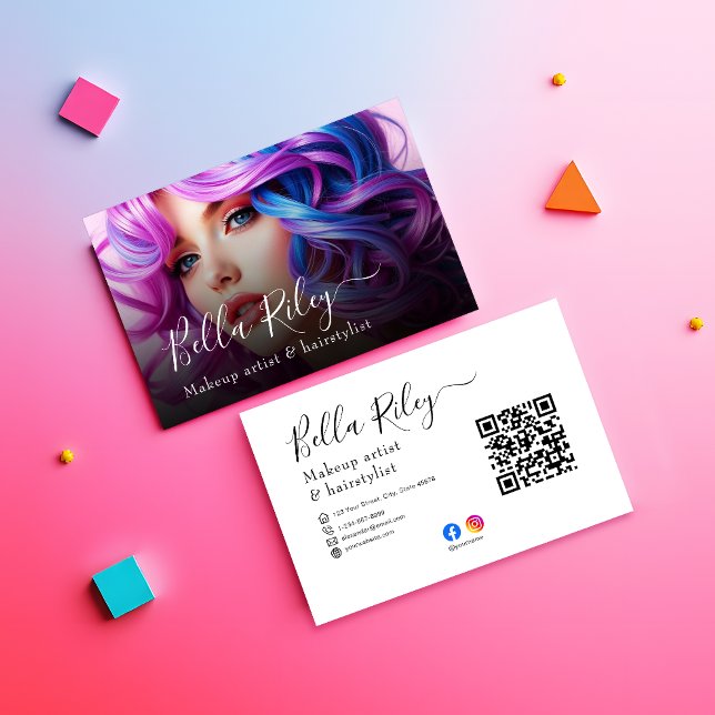 Moderne Script Makeup artist & hairstylist QR Code Visitenkarte (Von Creator hochgeladen)