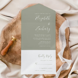 Moderne Script Minimal Sage Grüne Hochzeit All In One Einladung