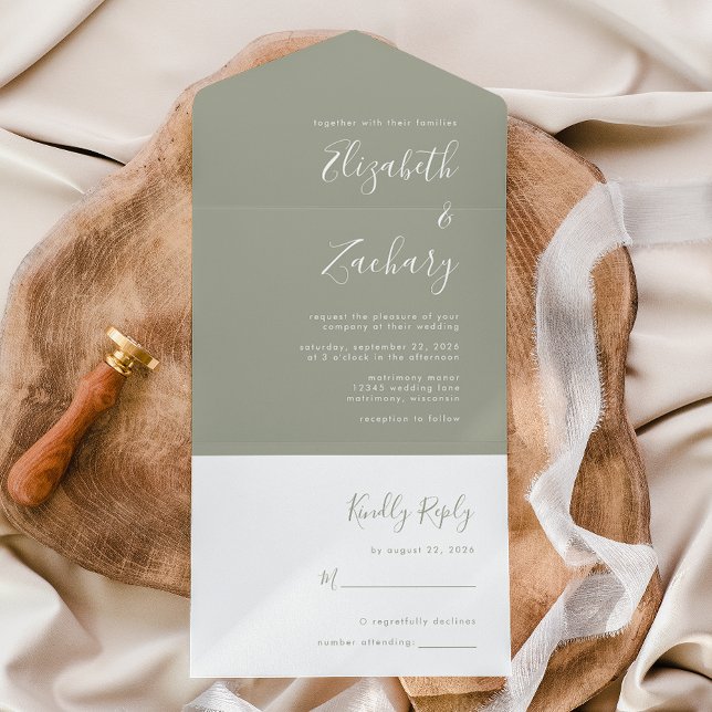 Moderne Script Minimal Sage Grüne Hochzeit All In One Einladung (Von Creator hochgeladen)