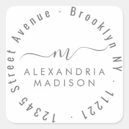 Moderne Script Monogram Address Silver Grau Quadratischer Aufkleber