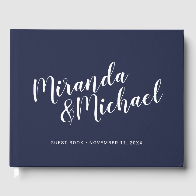 Moderne Script Nautical Navy Blue Hochzeit Gästebuch (Vorderseite)