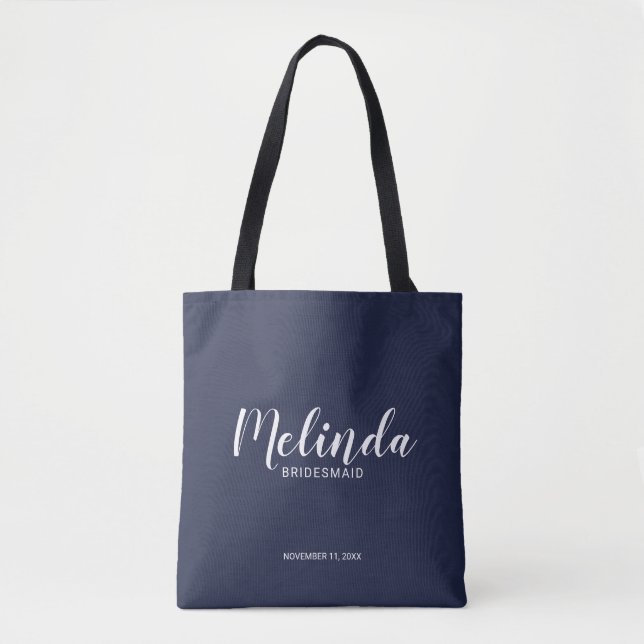 Moderne Script Navy Blue Personalisiert Bridesmaie Tasche (Vorderseite)