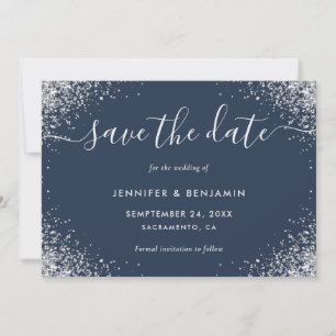 Moderne Script Navy Blue und Silver Glitzer Hochze Save The Date