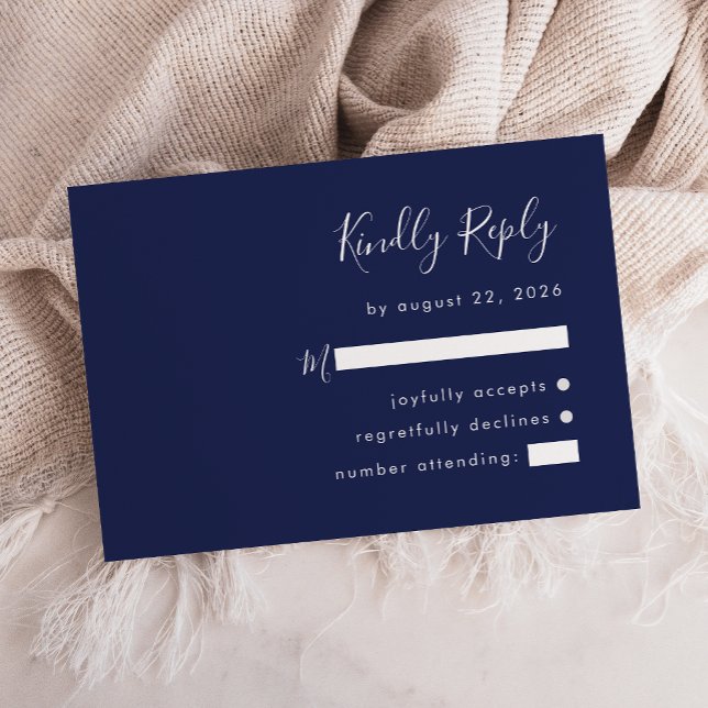 Moderne Script Navy Blue Wedding RSVP Card Karte (Von Creator hochgeladen)