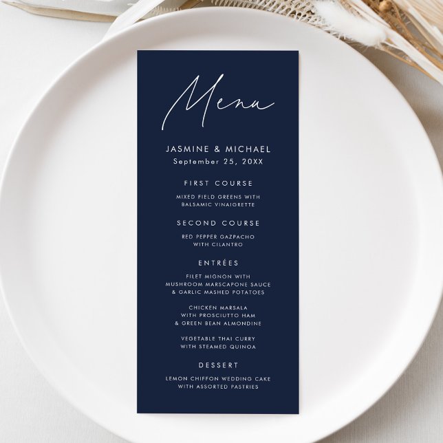 Moderne Script Navy Hochzeit Menükarte (Von Creator hochgeladen)