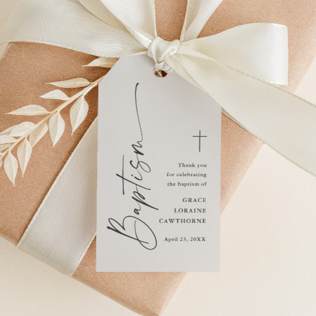 Moderne Script neutrale Taufe Vielen Dank Geschenkanhänger (Modern gender neutral baptism thank you favor tag with elegant script and simple typography.)
