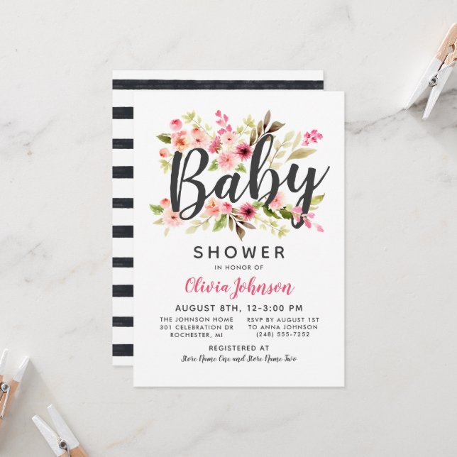 Moderne Script Pink Floral Girl Babydusche Einladung (Vorderseite/Rückseite Beispiel)