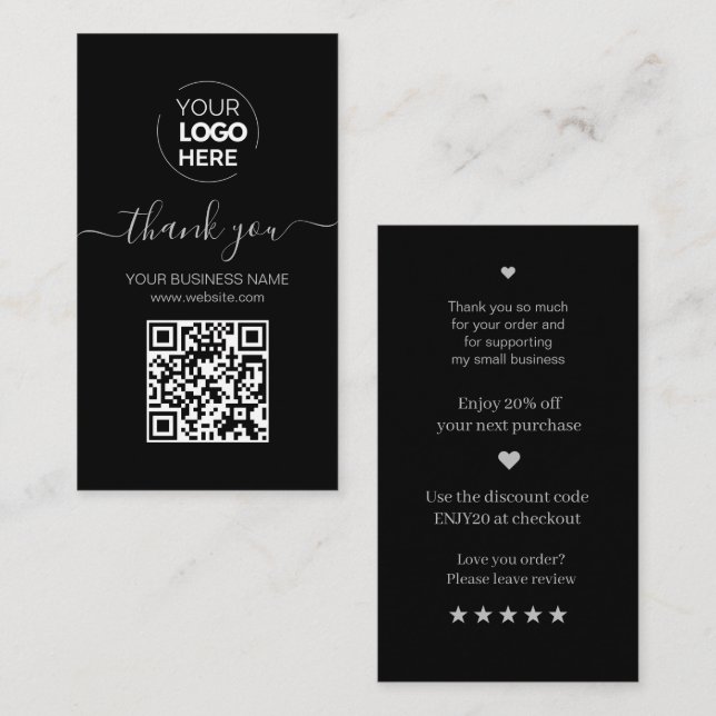 Moderne Script QR Code Black Order Vielen Dank Visitenkarte (Vorne/Hinten)