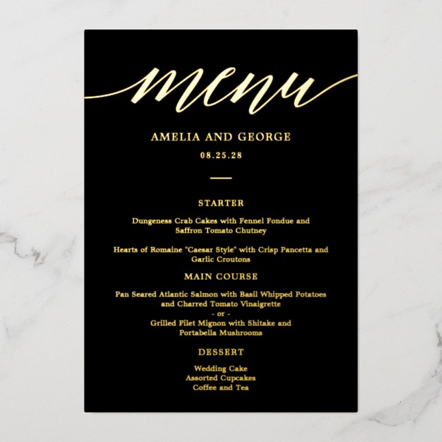 Moderne Script REAL FOIL Elegante Menükarte Folieneinladung (Vorderseite)