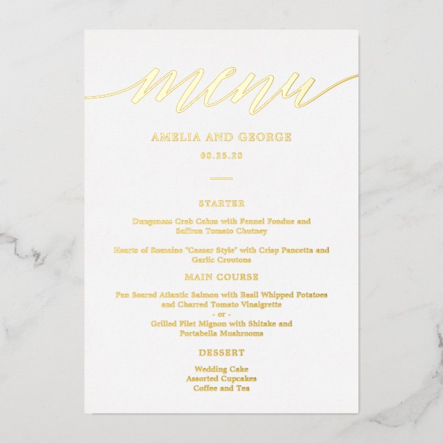 Moderne Script REAL FOIL Elegante Menükarte Folieneinladung (Vorderseite)