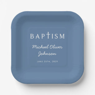 Moderne Script Religious Cross Blue Boy Taufe Pappteller