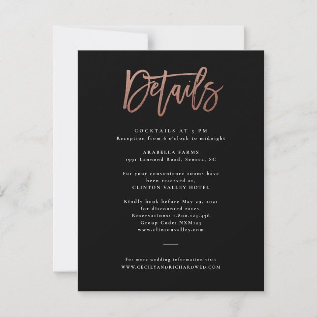 Moderne Script Rose Gold Wedding Details Card Einladung (Vorderseite)