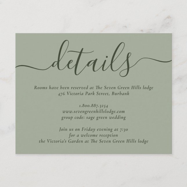 Moderne Script Sage Green Wedding Begleitkarte (Vorderseite)