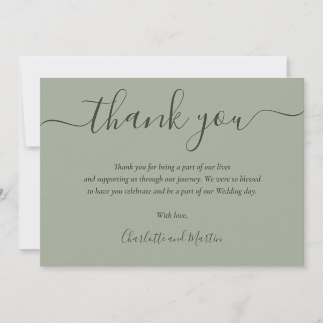Moderne Script Sage Green Wedding Dankeskarte (Vorderseite)