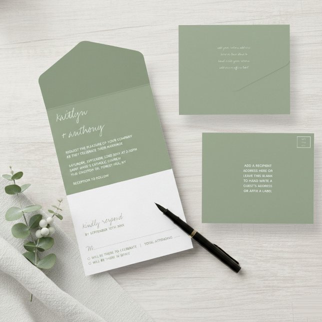 Moderne Script Sage Grüne Minimalistische Hochzeit All In One Einladung (Von Creator hochgeladen)