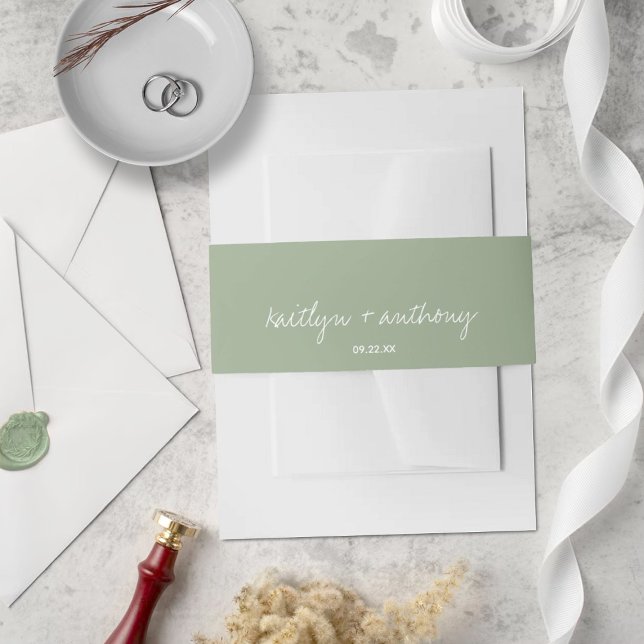 Moderne Script Sage Grüne Minimalistische Hochzeit Einladungsbanderole (Von Creator hochgeladen)