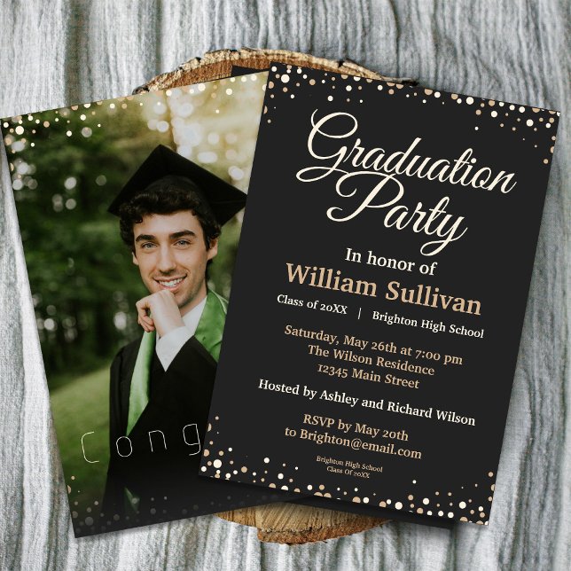 Moderne Script Simple Foto Graduation Party Einladung (Celebrate your graduation in style with this Gold Sparkles Graduation Party Invitation. #sparkles)