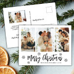 Moderne Script Snowflake 3 Foto Collage Weihnachte Postkarte<br><div class="desc">Elegante, moderne Schwarz-Weiß-Schneeflocke 3 Foto Collage Frohe Weihnachts-Script Holiday Postcard. Dieses festliche, mimimalistische, drei Foto-Urlaubskarten-Template verfügt über eine hübsche Foto-Collage, etwas Schneeflocke und sagt Frohe Weihnachten! Der "Frohe Weihnachten"-Grußtext ist in einem wunderschönen, kichkischen Schriftart-Schrift geschrieben, die Typografie in schwarz auf weißem Hintergrund. Auf der Rückseite eine Fotovorlage mit vorgefertigter Meldung....</div>