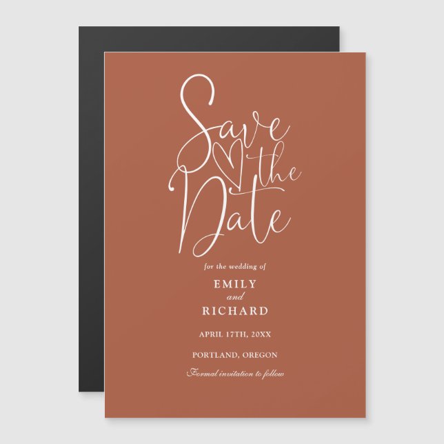Moderne Script Terracotta Wedding rettet das Datum Magneteinladung (Vorne/Hinten)