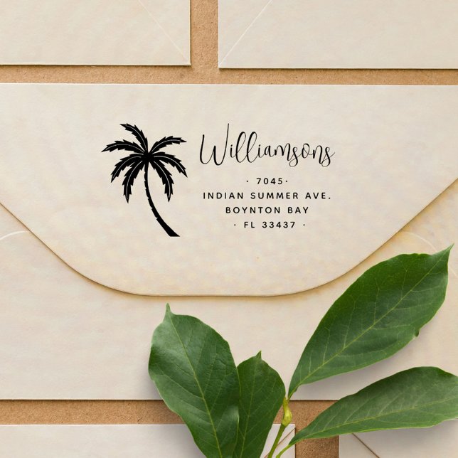 Moderne Script Tropical Palm Tree Rücksendeadresse Gummistempel (Von Creator hochgeladen)