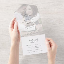 Moderne Script verblichene Foto Hochzeit All In One Einladung