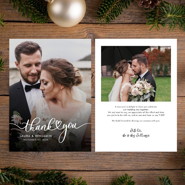 Moderne Script Wedding 2 Fotos Danke Karte (Wedding 2 Photos Elegant Thank You Card)