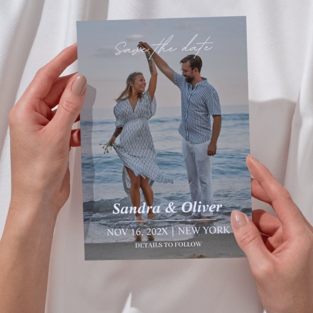 Moderne Script Wedding Foto Save the Date Card (Beach Photo Save The Date Wedding Invitation)