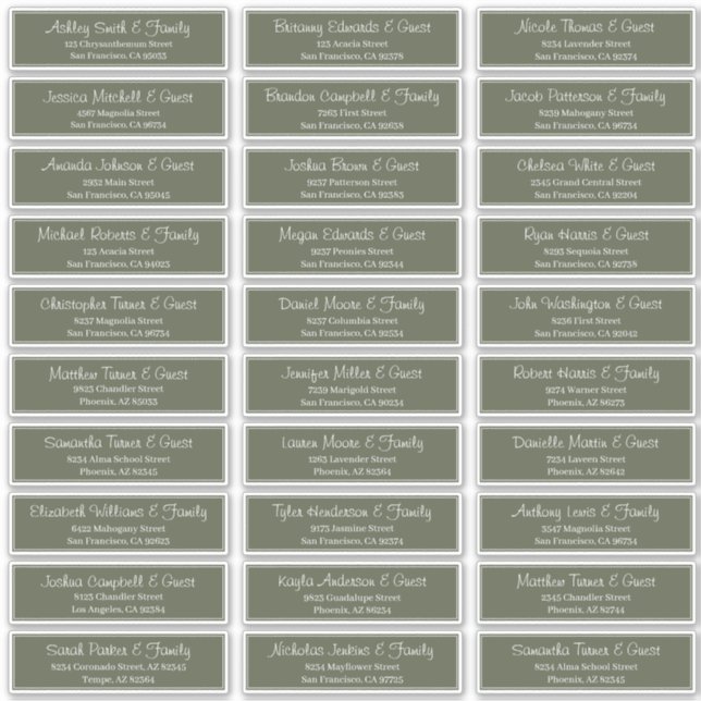 Moderne Script Wedding Guest Names Adresse Aufkleber (Vorderseite)